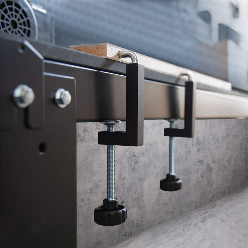 Two POWERTEC 71004 universal fence C-clamps, versatile woodworking clamps with adjustable jaws for secure holding.