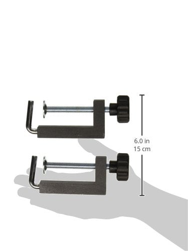 Two POWERTEC 71004 universal fence clamps, C-clamps for woodworking and workshop use, shown in a natural setting.