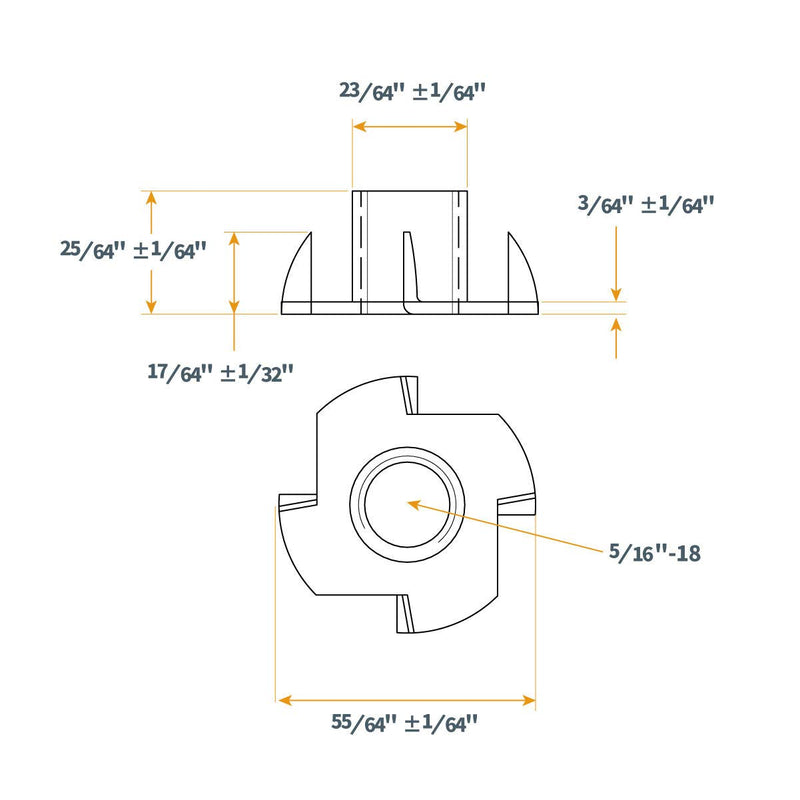 [Australia - AusPower] - POWERTEC 5/16"-18 x 3/8" QTN1103 4 T 50 Pack | Pronged Tee Nuts 5/16 Inch-18 & 3/8-Inch – Threaded Inserts for Climbing Holds and Wood Working, 3/8" 3/8 Inch 