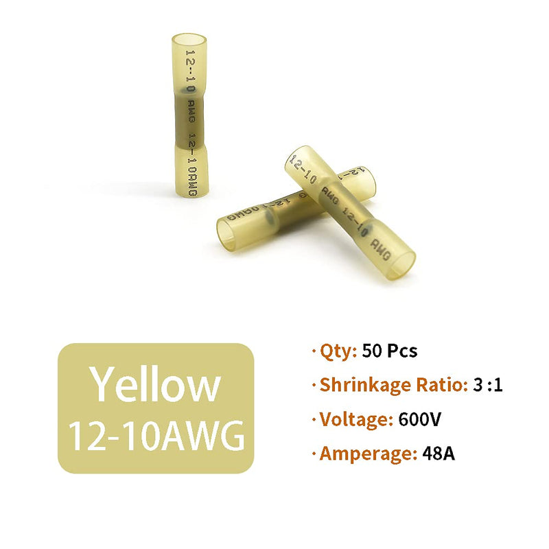 [Australia - AusPower] - 50 Pcs Yellow Heat Shrink Butt Connectors, 12-10 AWG Waterproof Crimp Terminals Electrical Wire Connectors Splice for Marine, Cable, Wiring 