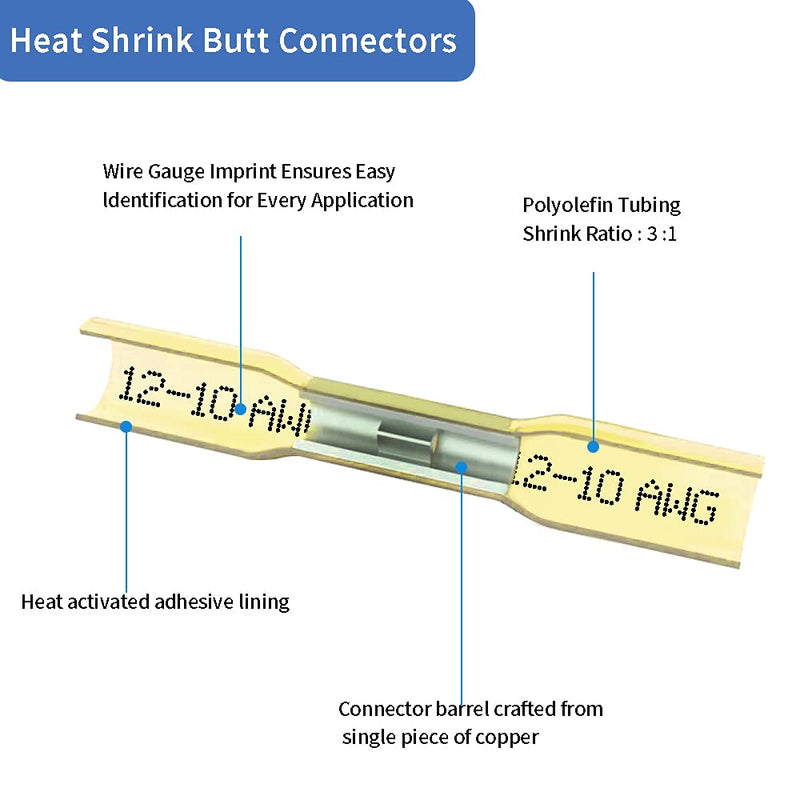 [Australia - AusPower] - 50 Pcs Yellow Heat Shrink Butt Connectors, 12-10 AWG Waterproof Crimp Terminals Electrical Wire Connectors Splice for Marine, Cable, Wiring 