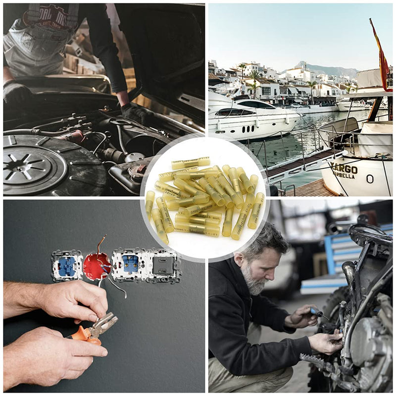 [Australia - AusPower] - 50 Pcs Yellow Heat Shrink Butt Connectors, 12-10 AWG Waterproof Crimp Terminals Electrical Wire Connectors Splice for Marine, Cable, Wiring 