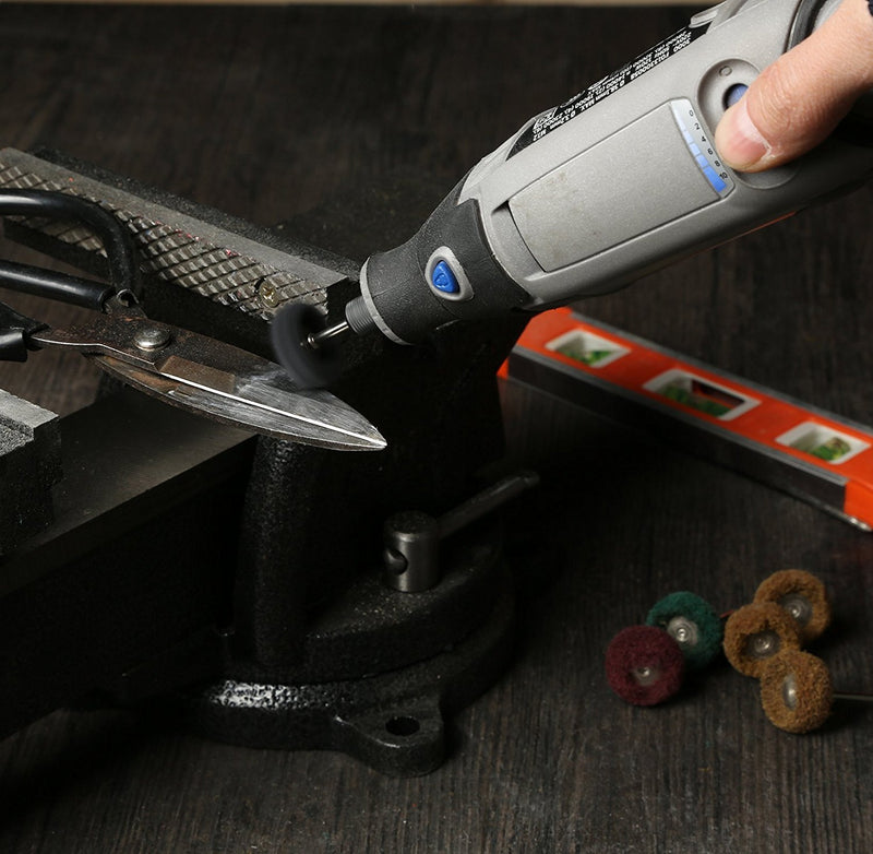 Set of 50 Rocaris black 1-inch 300 grit abrasive buffing wheels with 1/8 inch shank for rotary tool polishing and buffing.