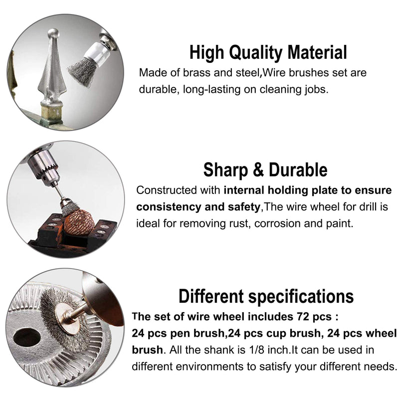 [Australia - AusPower] - Rocaris 72 Pack Wire Wheel Brushes Set, Brass and Steel Wire Brush Set 1/8" Shank for Rotary Tools Accessories Polish Clean Tools 