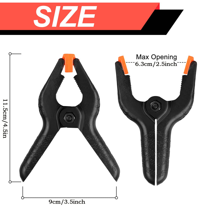 Eight black Romeda 4.5-inch plastic spring clamps for crafts, woodworking, photography stands, and backdrop adjustments.