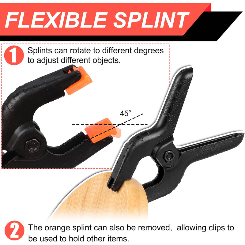 Eight black 4.5-inch spring clamps by Romeda, plastic clips for photography, crafts, woodworking, and backdrop stand applications.