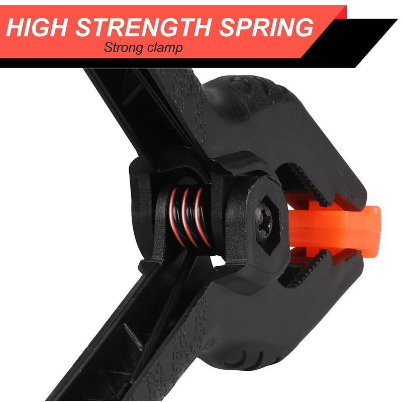 Eight black plastic spring clamps, 4.5 inches, used for crafts, photography, woodworking, and backdrop stands.