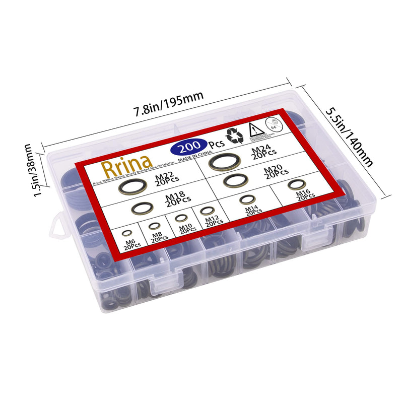 [Australia - AusPower] - Rrina 200Pcs Metric Dowty Bonded Seal Oil Washer Assortment Kit, 10 Sizes M6 to M24 