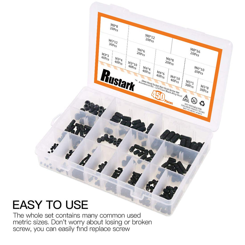 [Australia - AusPower] - Rustark 450Pcs M3/M4/M5/M6/M8 Allen Head Socket Hex Grub Screw Set Assortment Kit with Internal Hex Drive - 12.9 Class Black Alloy Steel 