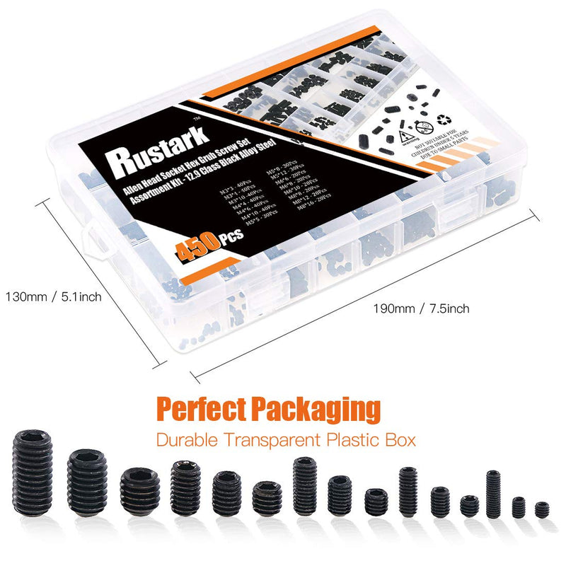 [Australia - AusPower] - Rustark 450Pcs M3/M4/M5/M6/M8 Allen Head Socket Hex Grub Screw Set Assortment Kit with Internal Hex Drive - 12.9 Class Black Alloy Steel 