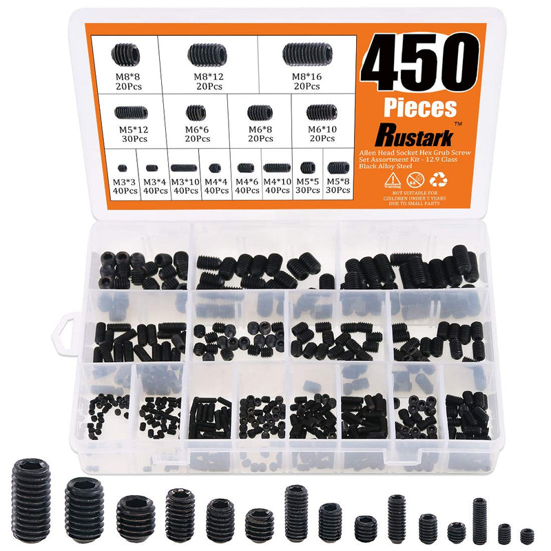 [Australia - AusPower] - Rustark 450Pcs M3/M4/M5/M6/M8 Allen Head Socket Hex Grub Screw Set Assortment Kit with Internal Hex Drive - 12.9 Class Black Alloy Steel 