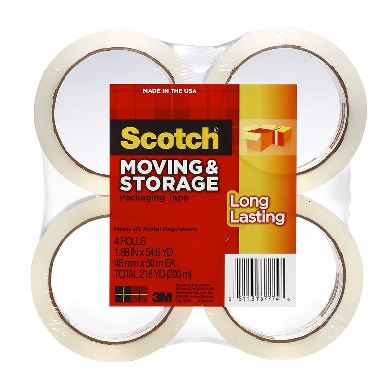 Scotch long-lasting storage packaging tape on a roll, 1.88 inches wide and 54.6 yards long, displayed in four rolls.