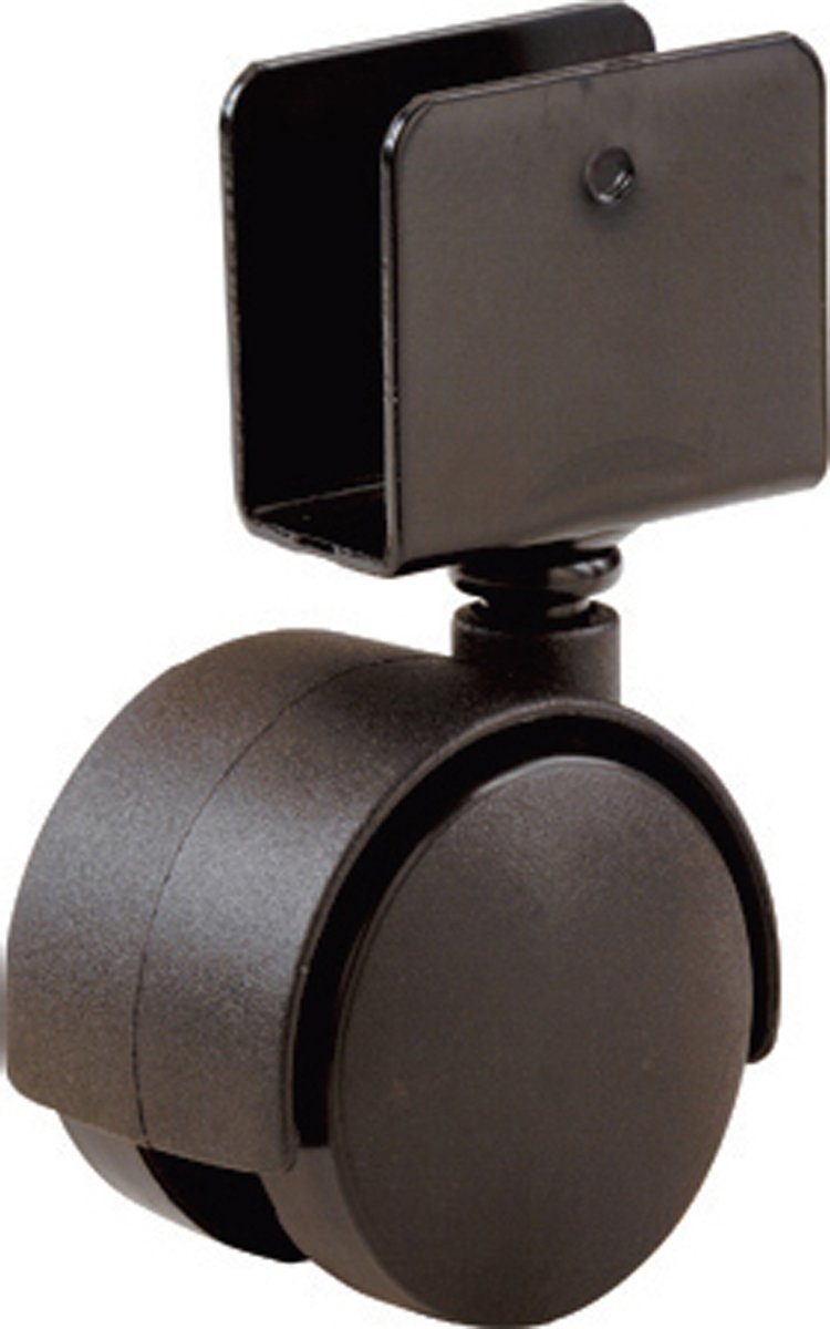 Pair of Shepherd Hardware 9420 black office chair casters with twin wheels, 1-5/8 inch size and 11/16 inch U-bracket attachment.