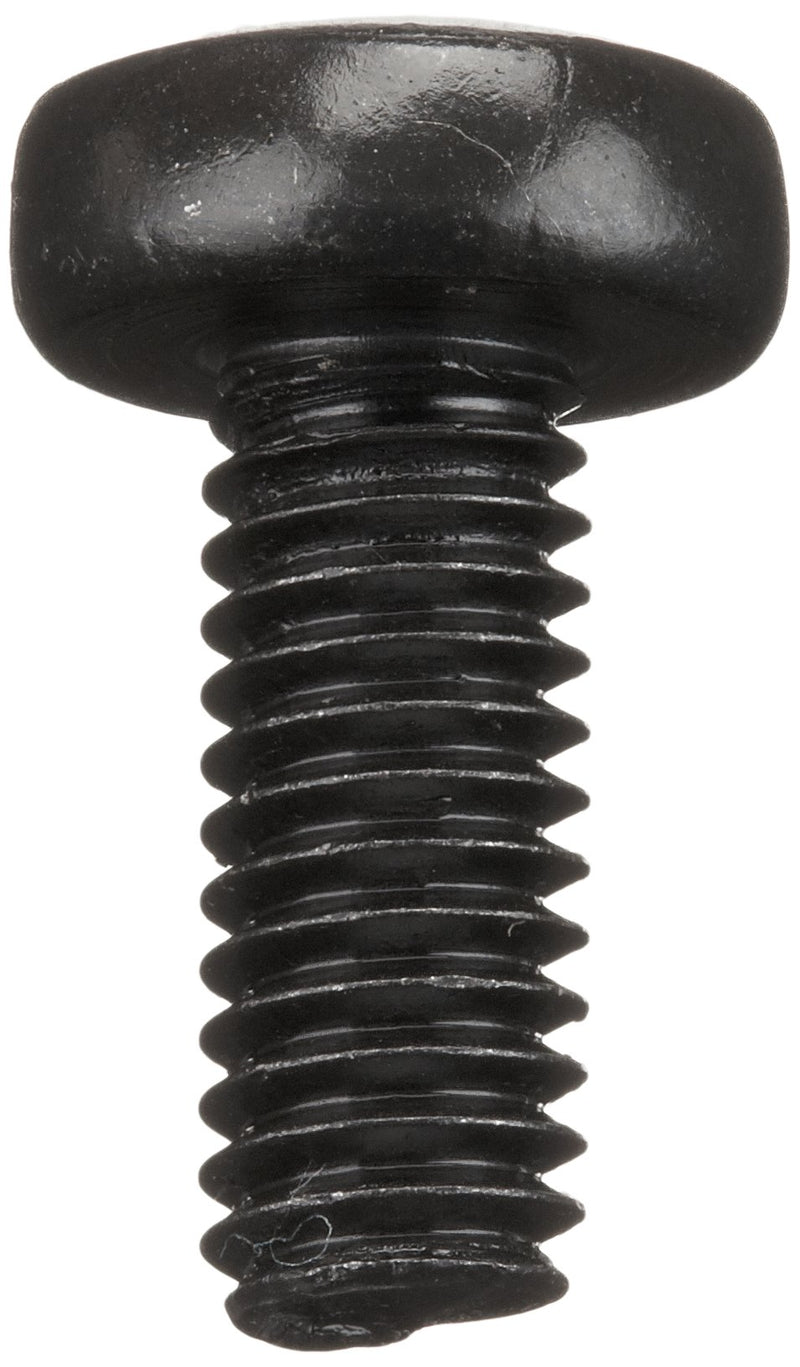 Black oxide steel pan-head machine screw with Phillips drive, M4-0.7 thread, 10mm length, fully threaded, imported pack of 100.