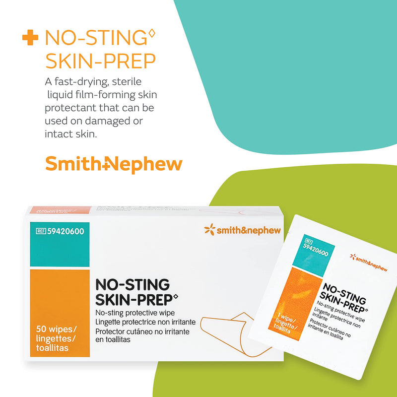 [Australia - AusPower] - Smith & Nephew NO-STING SKIN-PREP Wipes, Protective Dressing Wipes, Alcohol-Free Skin Barrier Film, Individually Wrapped, Box of 50 