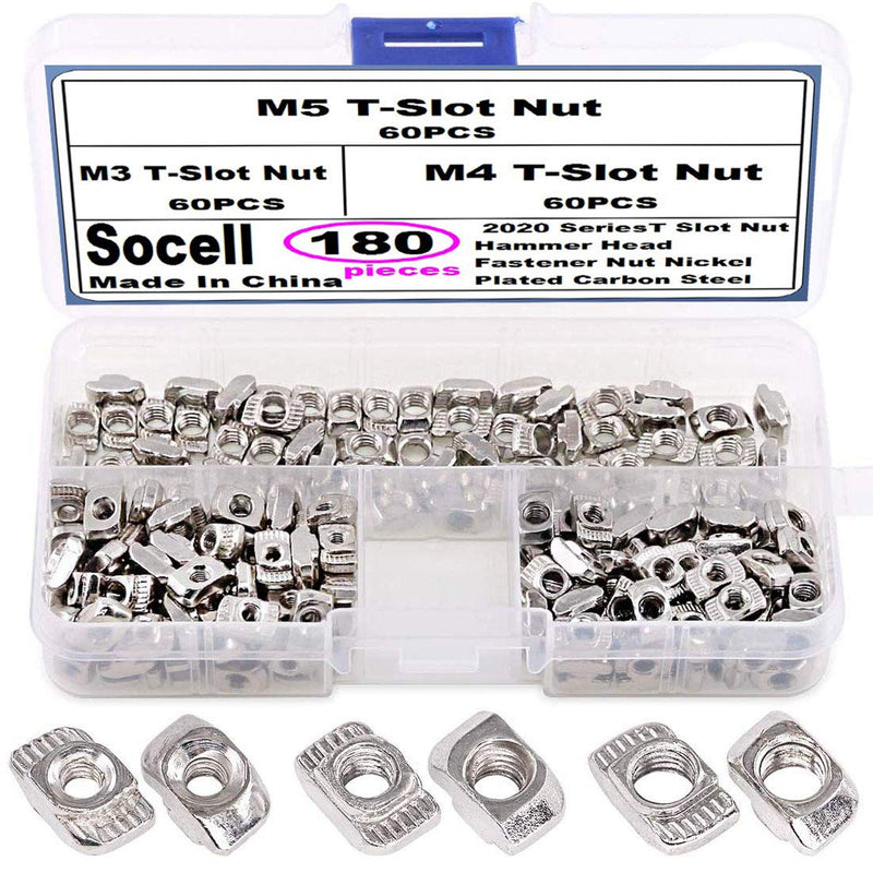 [Australia - AusPower] - Socell 180Pcs 2020 Series T Nuts,M3 M4 M5 T Slot Nut Hammer Head Fastener Nut Nickel Plated Carbon Steel Assortment Kit for 20 Series Aluminum Profile - Nickel Plated Carbon Steel 