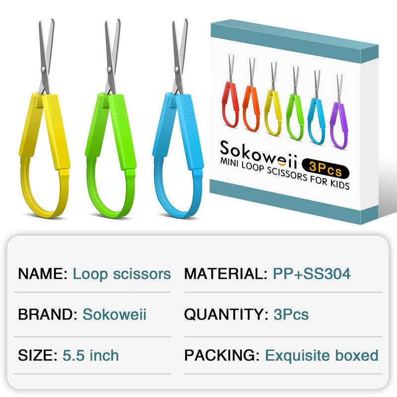 [Australia - AusPower] - Sokoweii Mini Loop Scissors for Toddlers, 5 Inch Adaptive Design, Right and Lefty Support, Easy-Open Squeeze Handles -3PCS 3Pcs (5.3inch) 