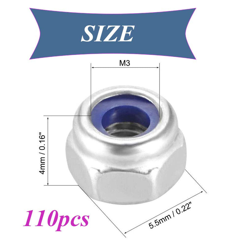 [Australia - AusPower] - SpzcdZa M3x0.5mm Nylon Lock Nuts,110pcs 304 Stainless Steel Nylon Insert Hex Lock Nuts for Industrial and Construction Fasteners M3 