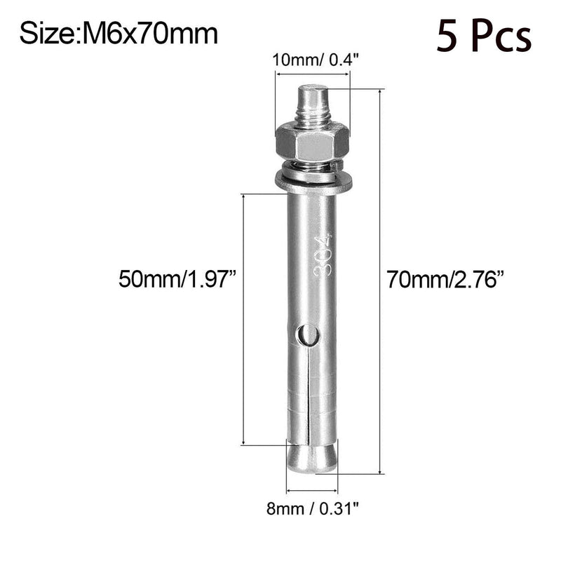 [Australia - AusPower] - 5 Pcs M6 x 70mm 304 Stainless Steel Expansion Bolt External Hex Expansion Screw Bolt Sleeve Anchor，Pool-Safety-Cover Expansion Bolts，for Concrete M6x70mm 
