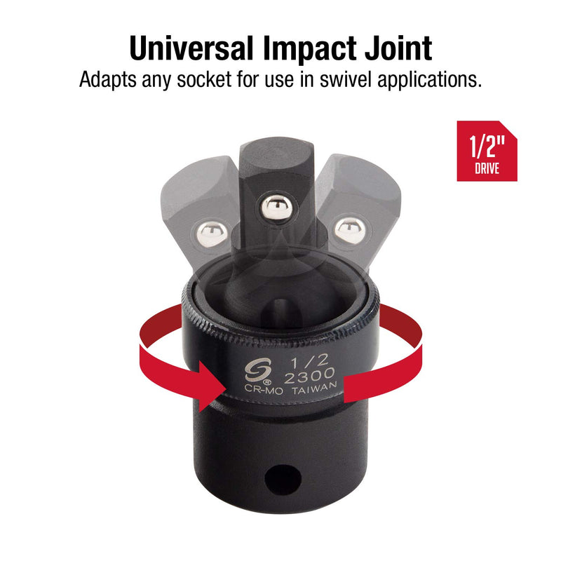 Sunex 2300 1/2-inch drive universal impact joint with Cr-Mo steel, radius corner design, flexible, meets ANSI standards.