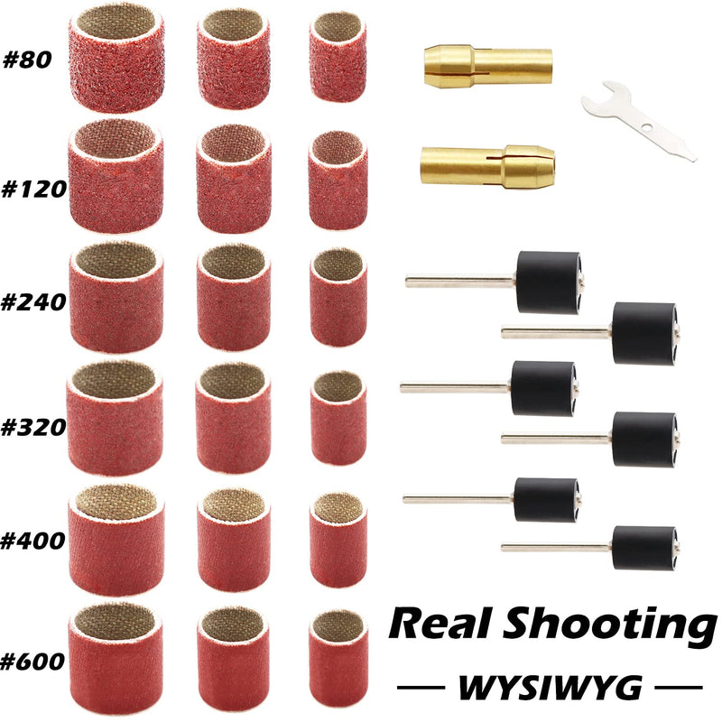 [Australia - AusPower] - Sunxeke 531Pcs Rotary Tool Sanding Drum Bits Kit for Dremel,80/120/240/320/400/600 Grit Each of 28 Pcs, Drum Mandrels 24Pcs-3 diameters (1/2", 3/8", 1/4"),Self-Tightening Drill Chuck 2Pcs,Wrench 1Pcs 
