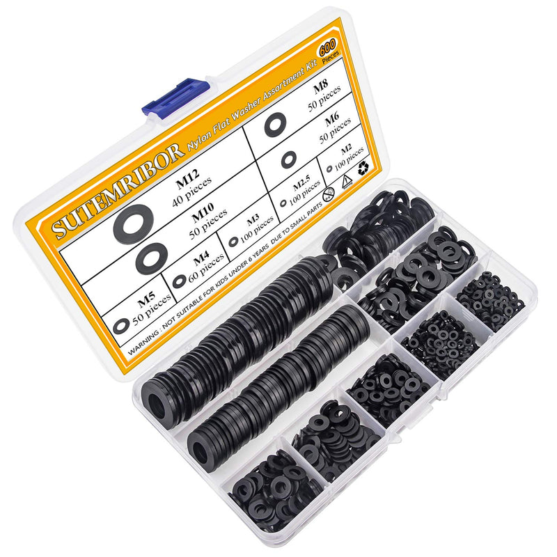 [Australia - AusPower] - Sutemribor Nylon Flat Washer Assortment Set 600 Pieces, 9 Sizes - M2 M2.5 M3 M4 M5 M6 M8 M10 M12, Black 