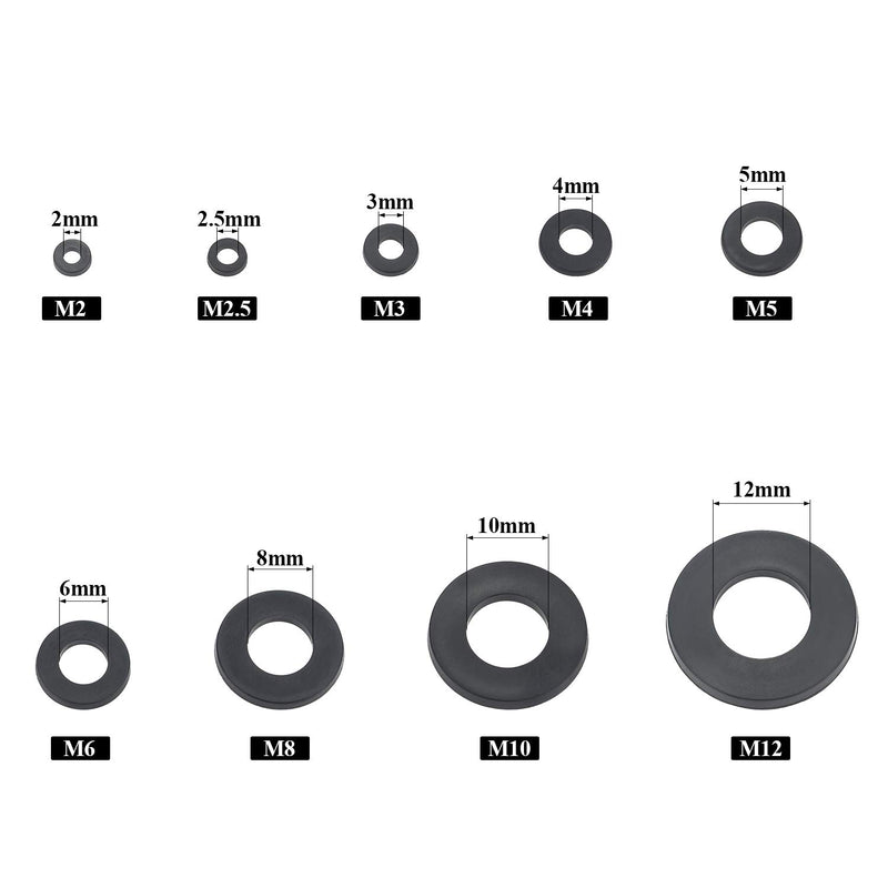 [Australia - AusPower] - Sutemribor Nylon Flat Washer Assortment Set 600 Pieces, 9 Sizes - M2 M2.5 M3 M4 M5 M6 M8 M10 M12, Black 