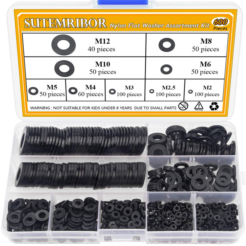 [Australia - AusPower] - Sutemribor Nylon Flat Washer Assortment Set 600 Pieces, 9 Sizes - M2 M2.5 M3 M4 M5 M6 M8 M10 M12, Black 