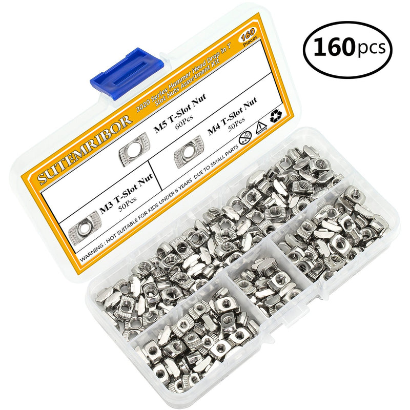 [Australia - AusPower] - Sutemribor 160 Pcs 2020 Series T Nuts, M3 M4 M5 T Slot Nut Hammer Head Fastener Nut for Aluminum Profile 
