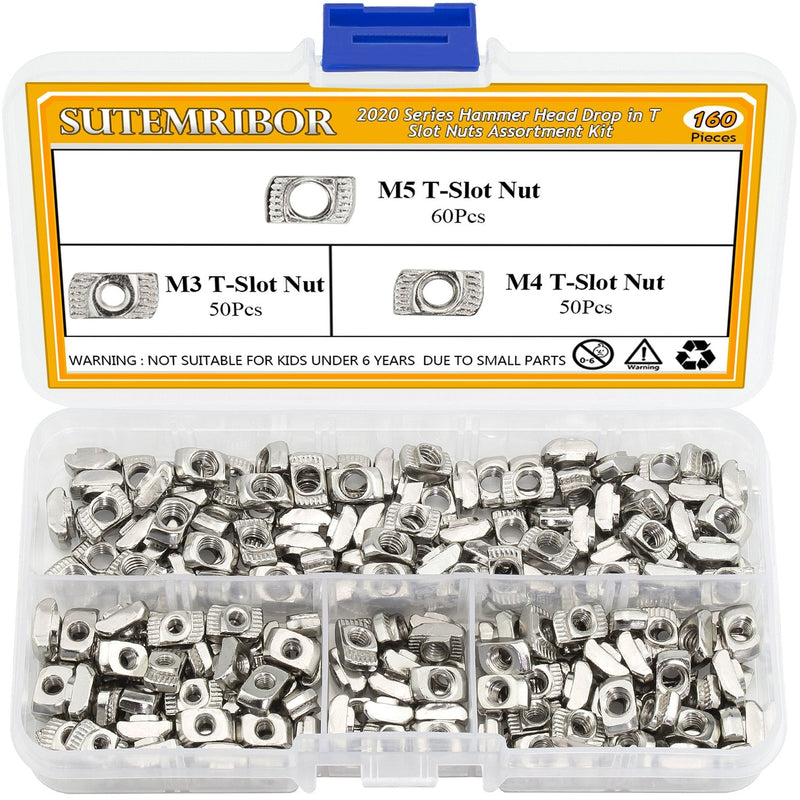 [Australia - AusPower] - Sutemribor 160 Pcs 2020 Series T Nuts, M3 M4 M5 T Slot Nut Hammer Head Fastener Nut for Aluminum Profile 