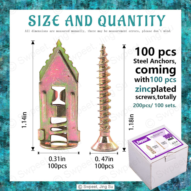 Swpeet 200pcs drywall self-drilling anchors with screws kit, suitable for wall mounting, shelves, cabinets, and decorative fixtures.