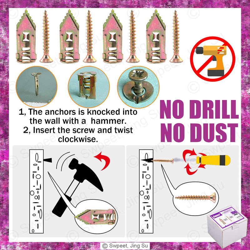 Swpeet 200-piece drywall self-drilling anchors with screws kit for wall, TV, shelf, cabinet, and decoration fixing.