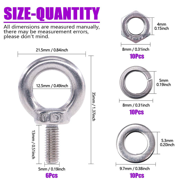 [Australia - AusPower] - 36Pcs 304 Stainless Steel M5 Male Thread Lifting Ring Eye Bolt Kit, Including 6Pcs M5 Eye Bolt with 10Pcs Lock Nuts, 10Pcs Lock Washers and 10Pcs Flat Washers 