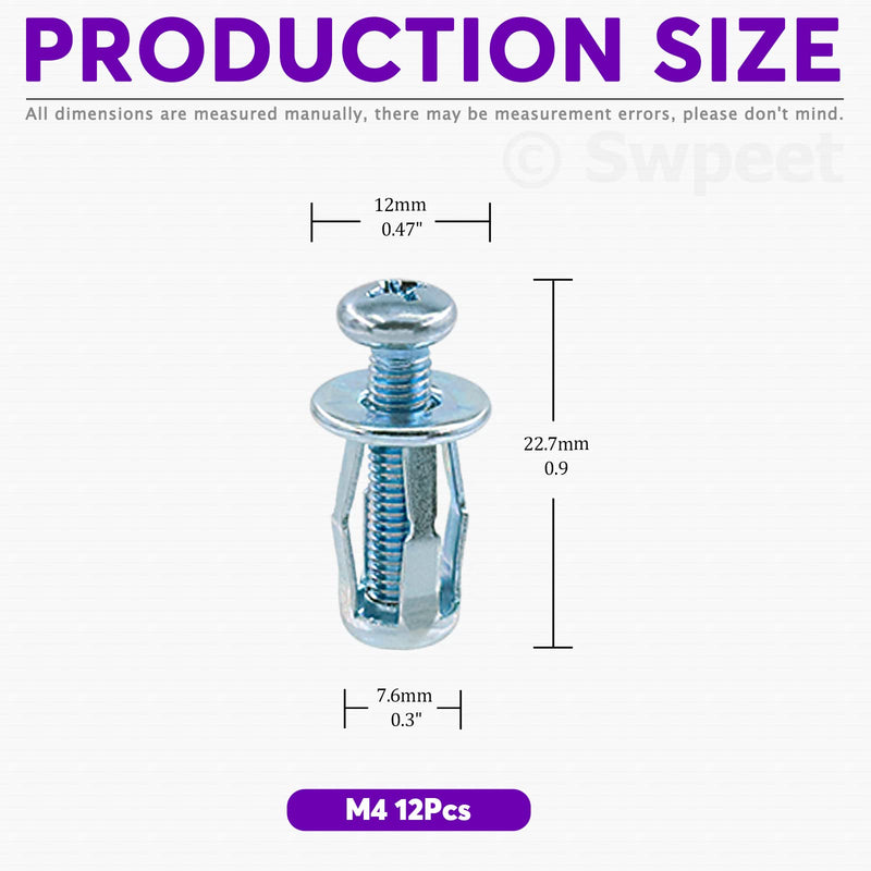 [Australia - AusPower] - Swpeet 12Pcs M4 x 20 Jack Nuts Petal Nuts Expansion Nut Thins Fixings Dowels with Screws Assembly for Hollow Wall Iron Skin Line Use in Thin Soft Wall (M4 x 20) 