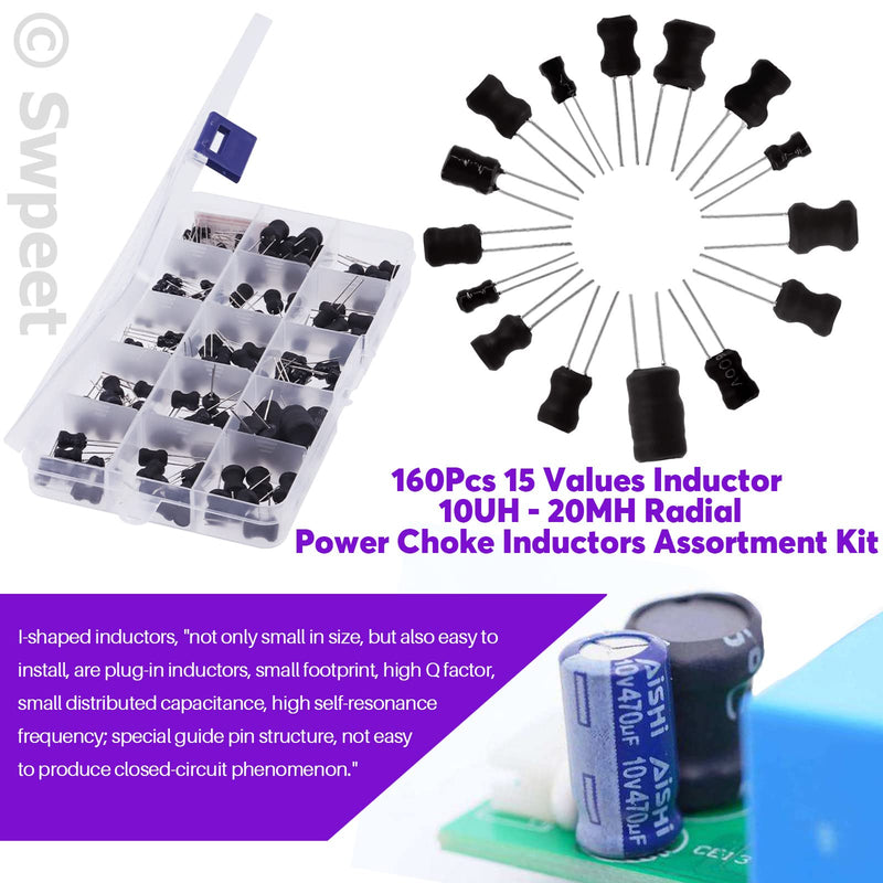 [Australia - AusPower] - Swpeet 160Pcs 15 Values Inductor 10UH - 20MH Assortment Kit, High Self-Resonance Frequency Choke Coil Inductors DIP Radial Power Choke Inductors for PVC or UL Tube (160) 160 