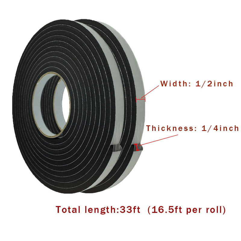 [Australia - AusPower] - Adhesive Foam Tape Weather Strip for Doors Sticky Foam Strip Insulation Soundproofing Tape Single Sided Closed Cell Foam Tape 1/4 Inch Thick x 1/2 Inch Wide,2 Rolls 1/4"T-1/2"W-33ft 