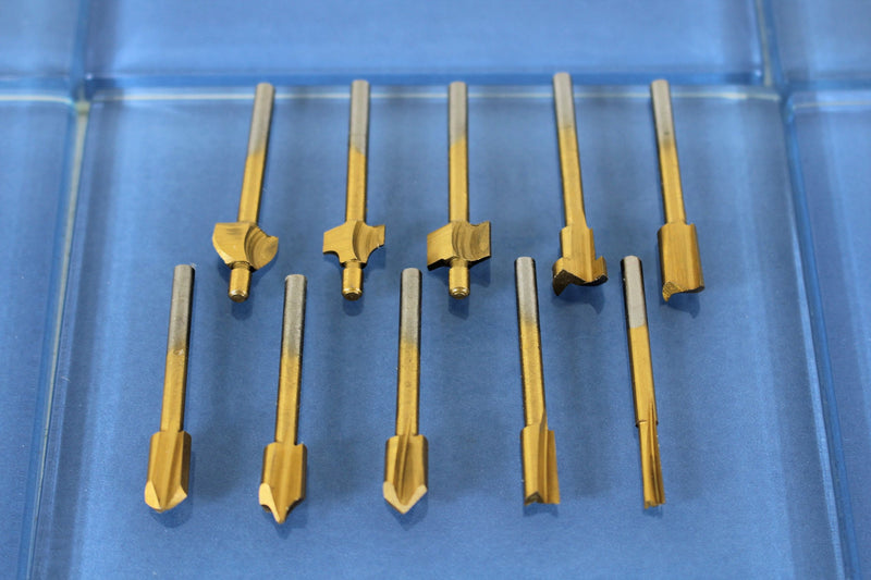 TEMO 10-piece high-speed steel HSS titanium-coated router bits set for edge treatment and grooving, with 1/8 inch shank for Dremel tools.