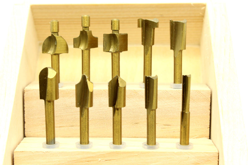 TEMO 10-piece high-speed steel HSS titanium-coated router bits set with 1/8 inch shank, ideal for edge treatment and grooving on Dremel tools.