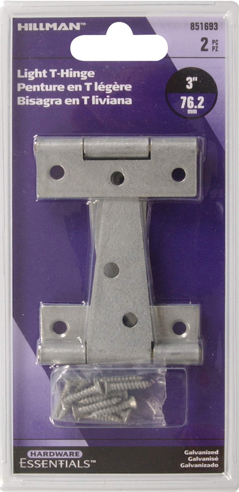 Galvanized Light T-Hinges by The Hillman Group, 3-inch size, shown in a 2-pack for durable door and furniture applications.