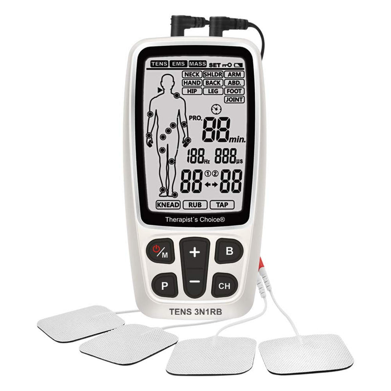 [Australia - AusPower] - Therapist’s Choice® Rechargeable TENS3N1RB Combo TENS, EMS, Massage with Body Image Diagram Electrode Placement, with Belt Clip and Display Box. 