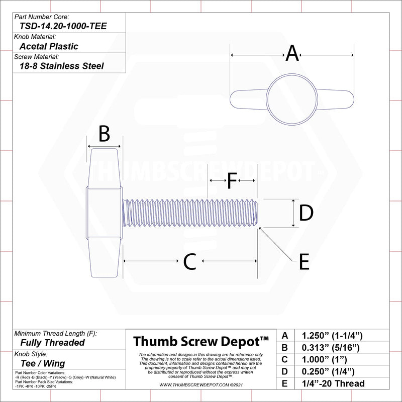 [Australia - AusPower] - 1/4"-20 x 1" Thumb Screw Stainless Steel - Black Tee Wing Plastic Knob - Standard/Coarse Thread Thumbscrew - Length: 1.000" - Proudly Built in USA - Package of (4) 4 