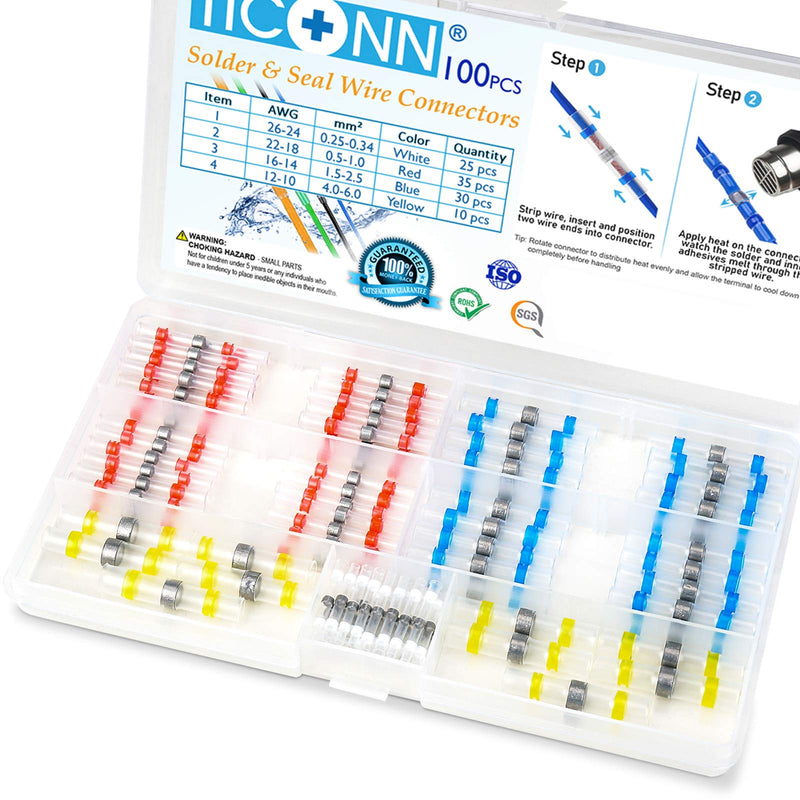 [Australia - AusPower] - TICONN 100 Pcs Solder Seal Wire Connectors, Heat Shrink Butt Connectors, Waterproof and Insulated Electrical Wire Terminals, Butt Splice (100PCS) 100PCS 