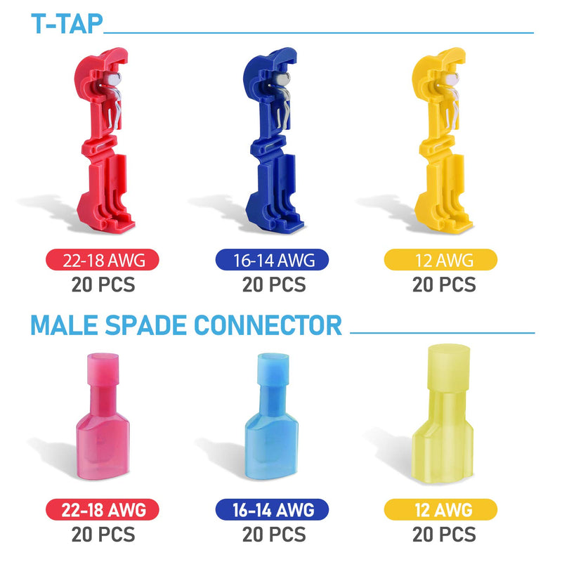 [Australia - AusPower] - TICONN 120pcs T-Tap Wire Connectors, Self-Stripping Quick Splice Electrical Wire Terminals, Insulated Male Quick Disconnect Spade Terminals Assortment Kit with Storage Case (120) 120 