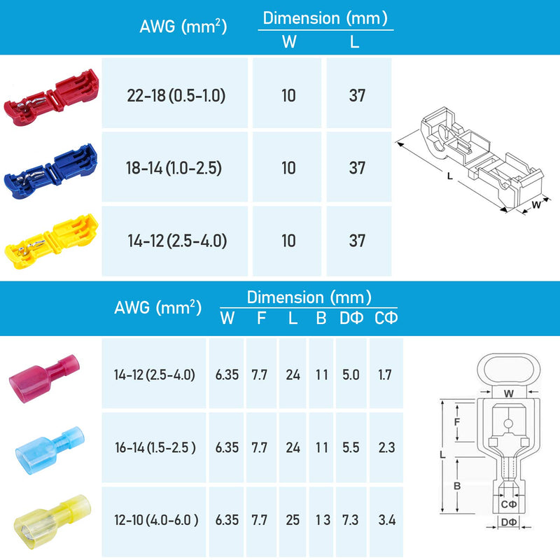 [Australia - AusPower] - TICONN 120pcs T-Tap Wire Connectors, Self-Stripping Quick Splice Electrical Wire Terminals, Insulated Male Quick Disconnect Spade Terminals Assortment Kit with Storage Case (120) 120 