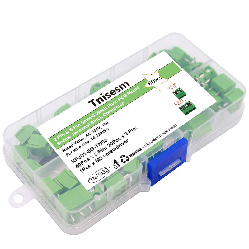 [Australia - AusPower] - Tnisesm/60pcs 2 Pin & 3 Pin 5mm/0.2inch Pitch PCB Mount Screw Terminal Block Connector (Can be Spliced) TN-T03G 