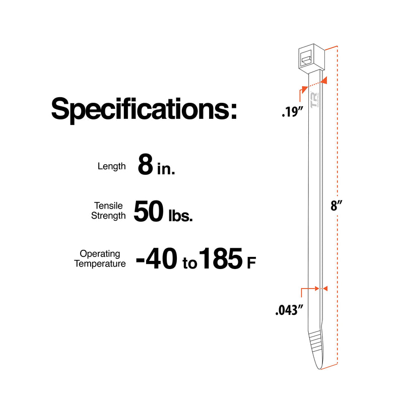 [Australia - AusPower] - TR Industrial Multi-Purpose UV Resistant Black Cable Ties, 8 inches, 100 Pack 8" 