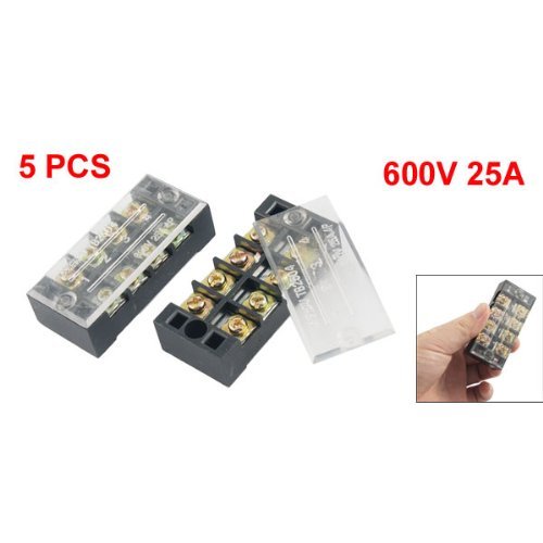 URBEST 5-pack dual row ground circuit terminal blocks with covered screw terminals, rated for 600V and 25A.