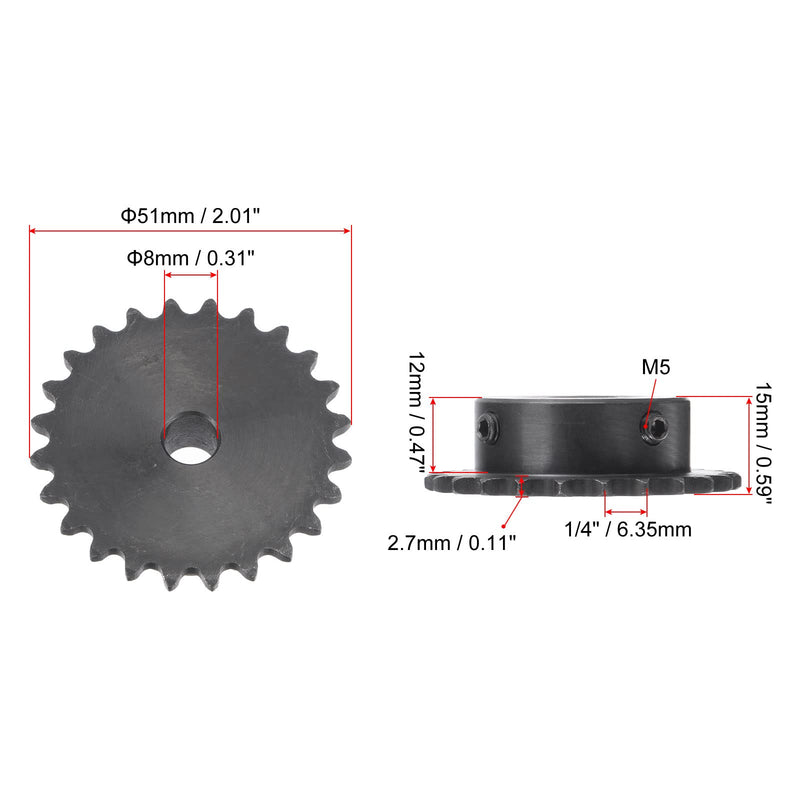 [Australia - AusPower] - uxcell 24 Tooth Roller Sprocket B Type, 25 Chain, Single Strand 1/4" Pitch, 8mm Bore Black Oxide C45 Carbon Steel with Set Screws for ISO 04C 