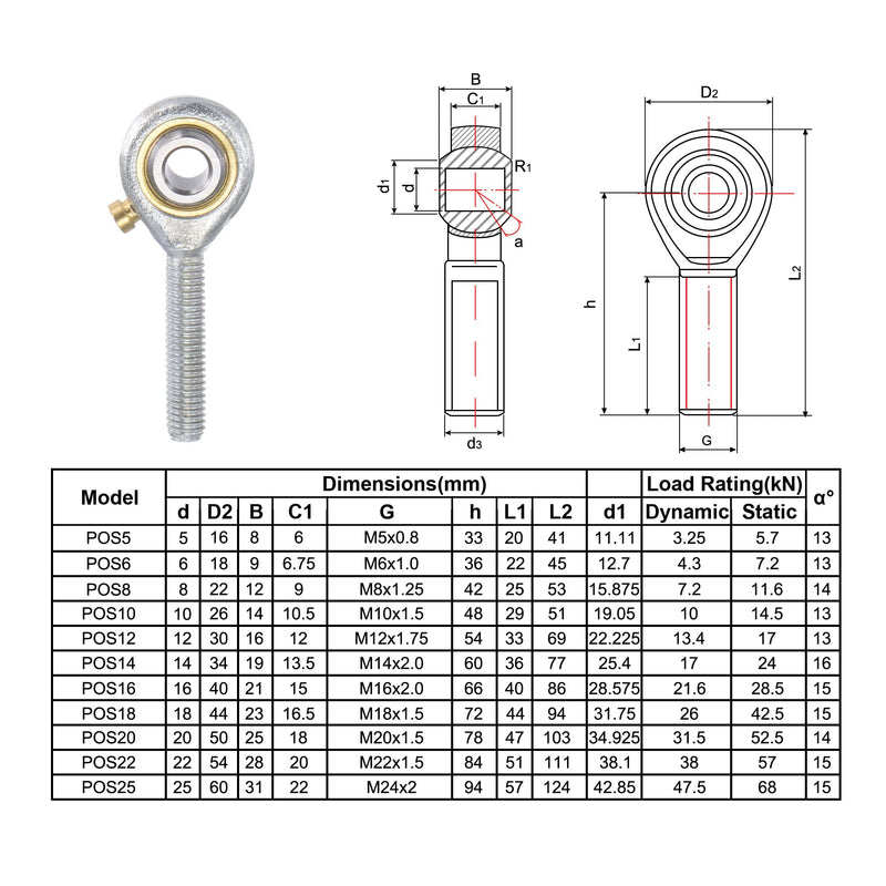[Australia - AusPower] - uxcell 2pcs POS8 Spherical Rod End Bearing 8mm Bore Self-Lubricated Joint Bearing M8x1.25 Left Hand Male Thread Connector 