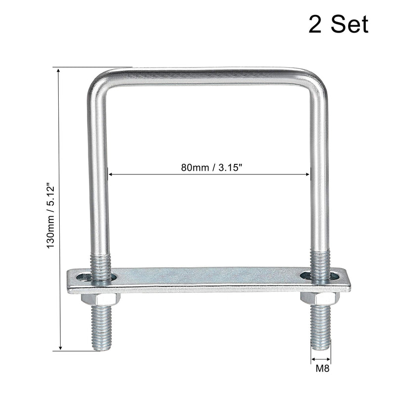 [Australia - AusPower] - uxcell Square U-Bolts 3-1/8"(80mm) Inner Width Carbon Steel M8 with Nuts, Frame Plate, Round Washers 2 Set 80x130mm(W*L) 